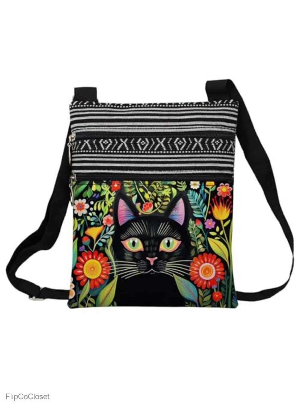 Women's Polyester Crossbody Bag Adjustable Strap Zipper Ethnic Floral Cat Print